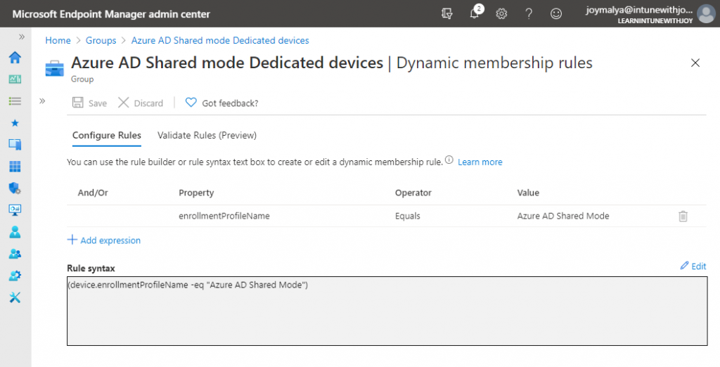 Create a Dynamic Device Group to contain devices enrolled with Android Enterprise Dedicated devices in Azure AD Shared Device mode