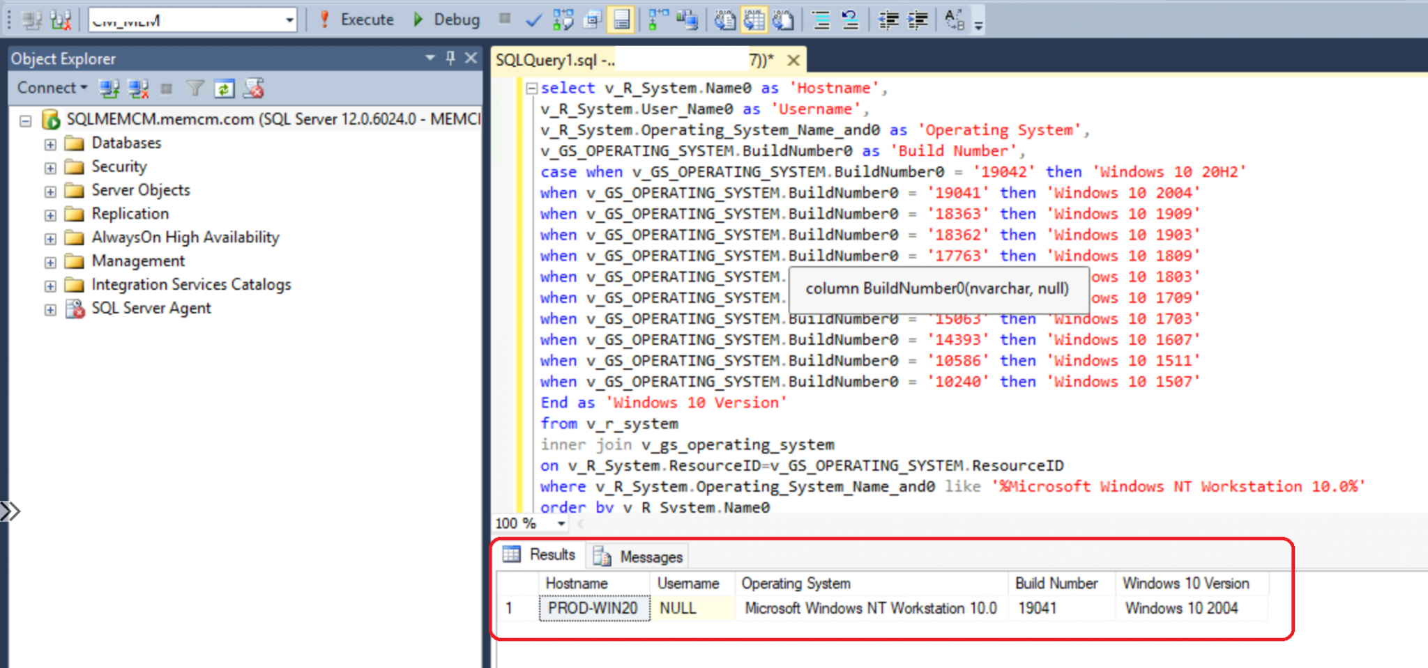 sccm sql query to find windows 10 build version