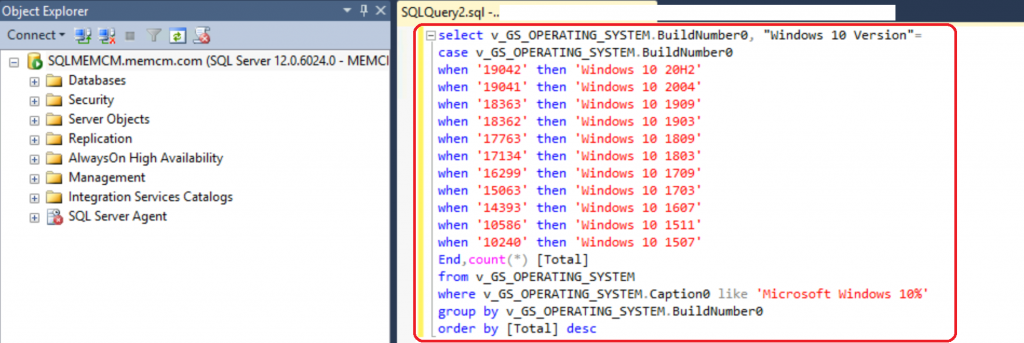 SCCM SQL Query Windows 10 Version Count Dashboard