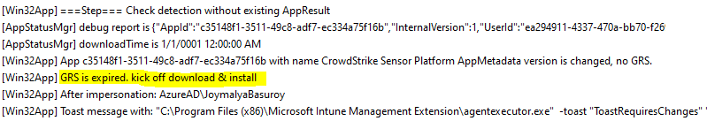 Override GRS: Trigger IME to retry failed Win32 App deployment - IME starts processing a previously failed app for further processing only when GRS counter (24 hours) for that app has expired.