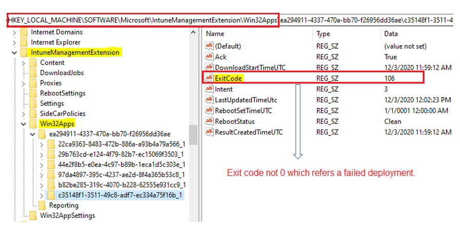 Override GRS: Trigger IME to retry failed Win32 App deployment - Navigate to the IME reg path and identify the corresponding Win32 app subkey using the App ID from the IME Log