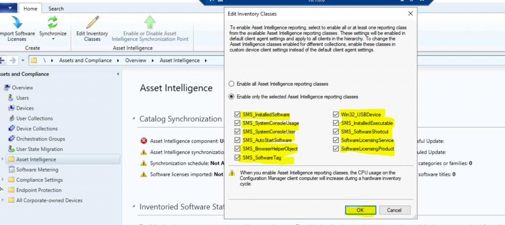 Enable SCCM Asset Intelligence Hardware Inventory