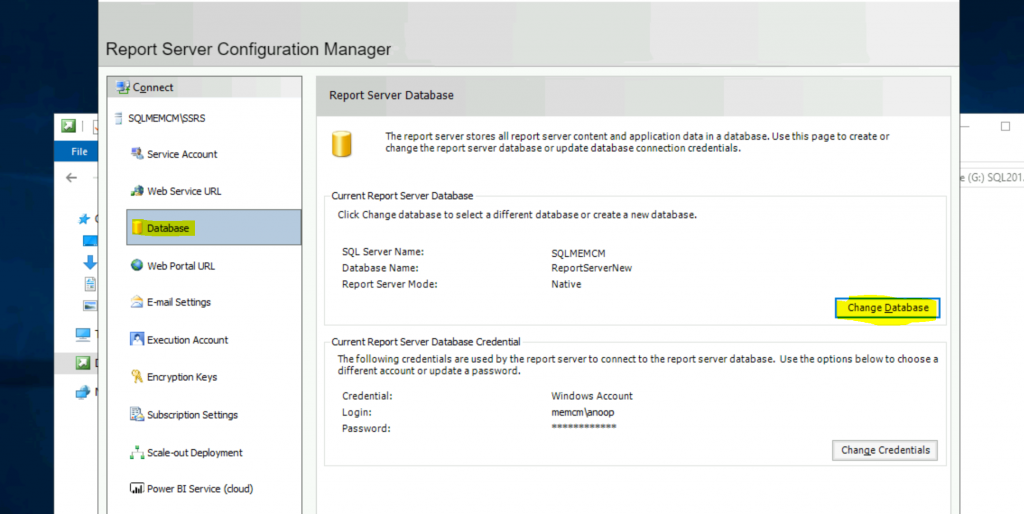 ConfigMgr Create a New Database for SSRS Reporting Service