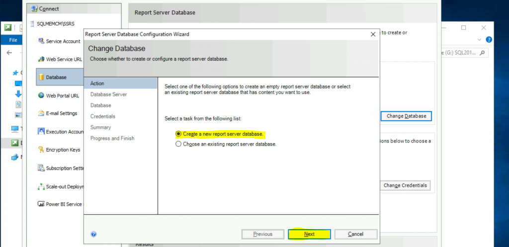 ConfigMgr Create a New Database for SSRS Reporting Service