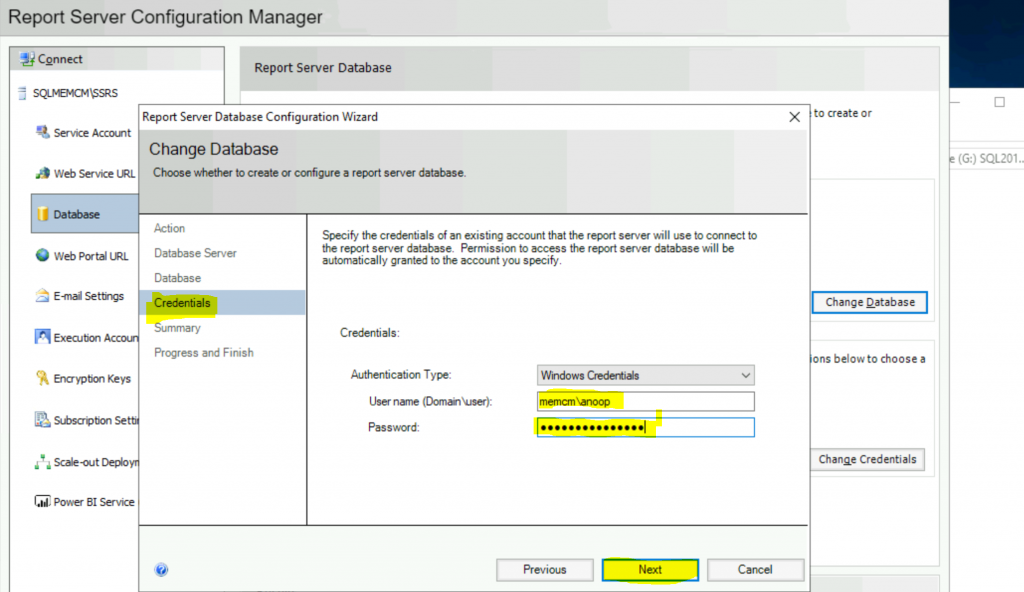 ConfigMgr Create a New Database for SSRS Reporting Service