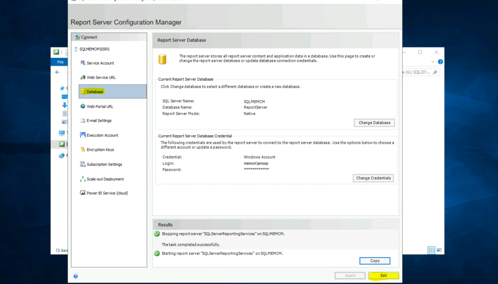 ConfigMgr Create a New Database for SSRS Reporting Service