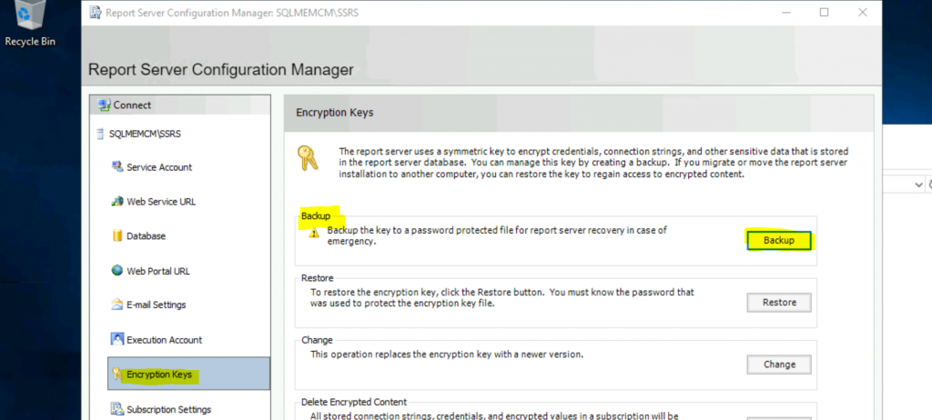 Backup Encryption Key Before SQL Reporting Services Upgrade to 2019