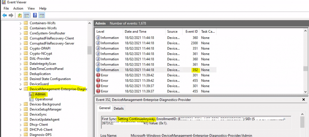 Disable Intune ESP for WVD | FirstSync Registry Entries | Event Logs | Troubleshooting Event IDs Log  352 355 361 for Enrollment Status Page 