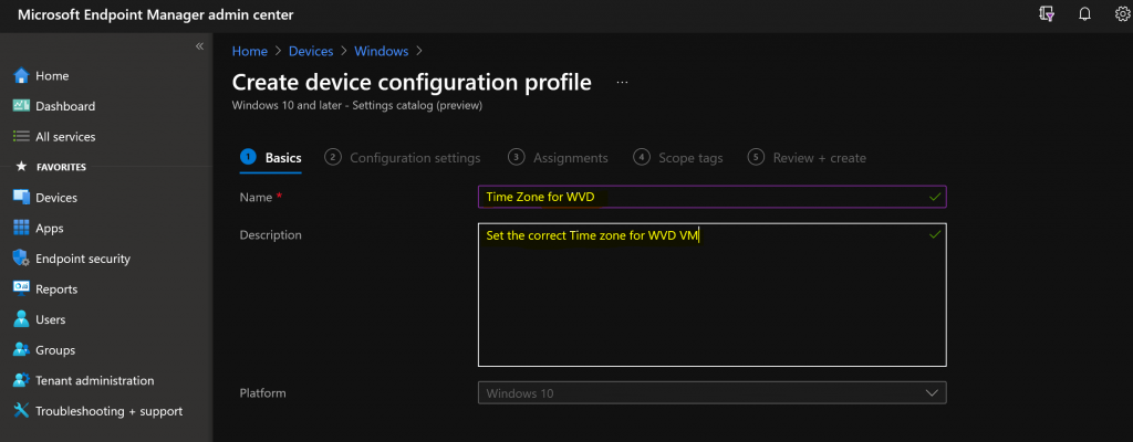 How to Set Time Zone for WVD VMs with Endpoint Manager | Intune Policies | Settings Catalog