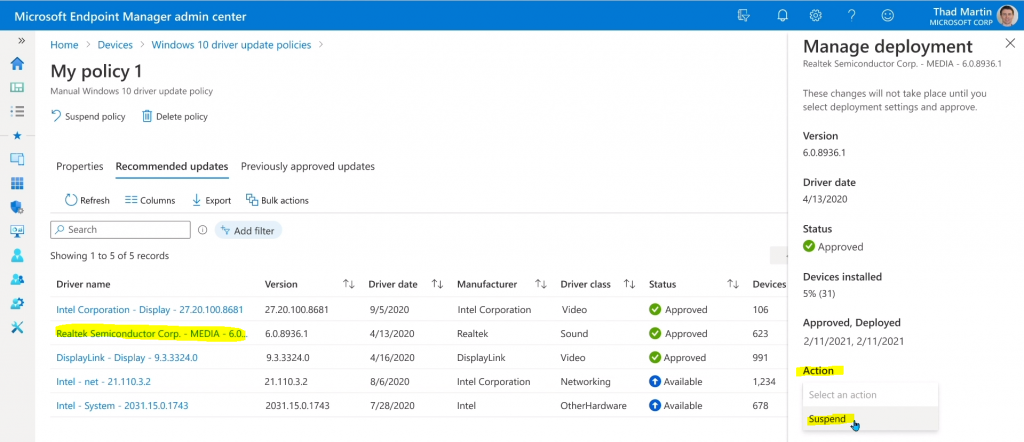 Intune Driver Firmware Update Policies | Review Approve Schedule Suspend Options - Pic Credits to Microsoft