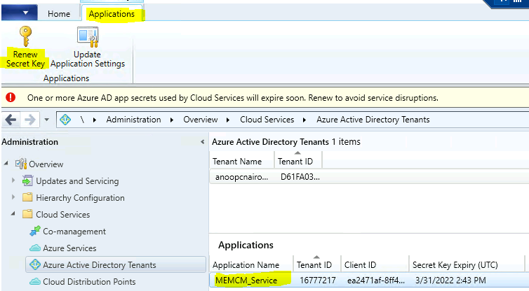 ConfigMgr Renew One or more Azure AD App Secrets used by Cloud Services | SCCM