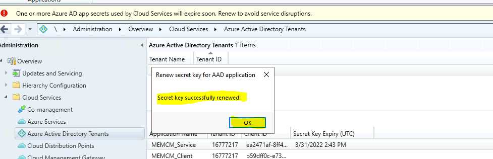 ConfigMgr Renew One or more Azure AD App Secrets used by Cloud Services | SCCM