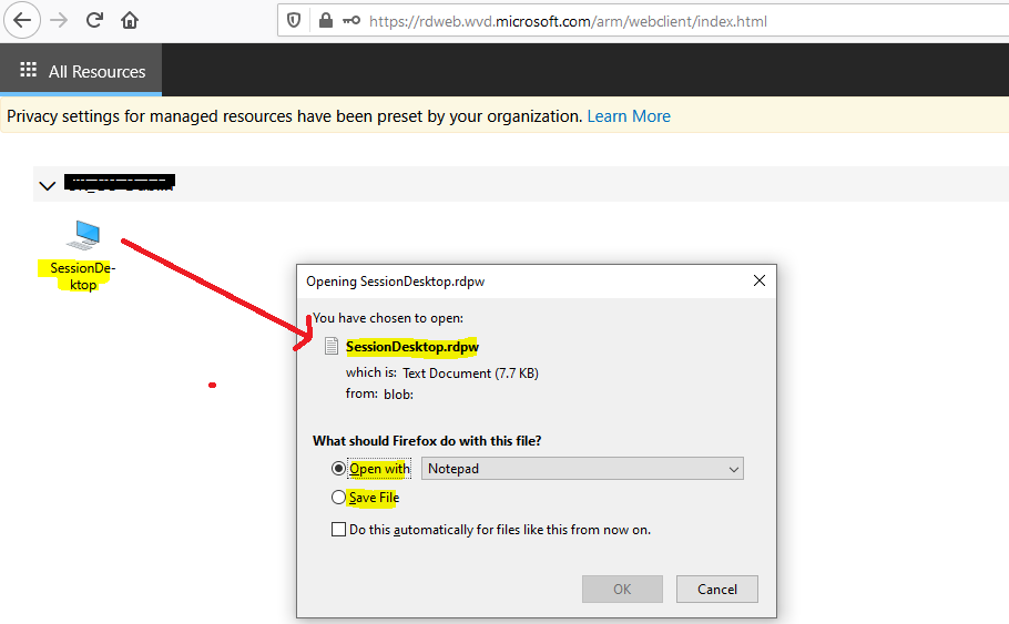 Download AVD Session Desktop RDP File | RDPW File to Check RDP Settings