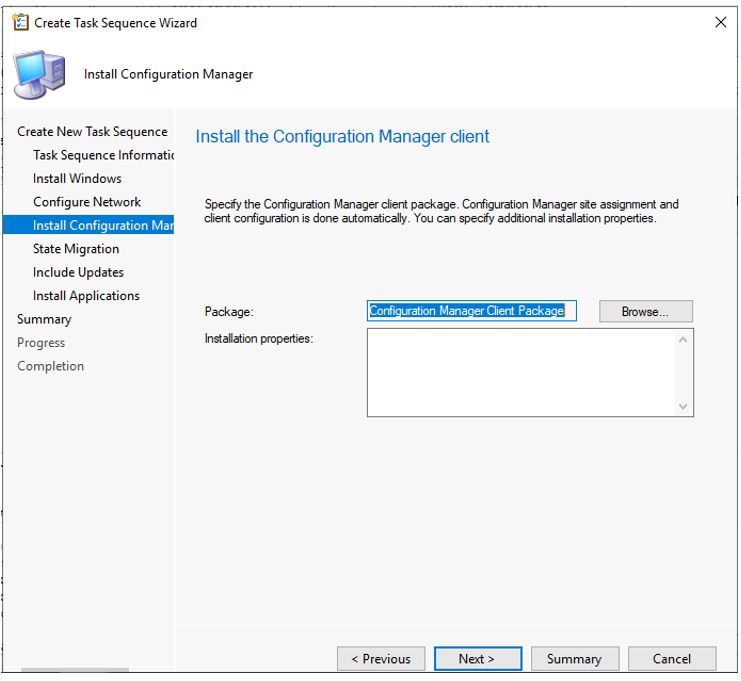 Create Task Sequence Wizard – Specify SCCM Client Package