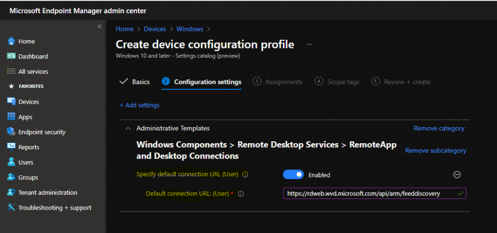 AVD Auto Feed Registration Intune Group Policy Setup Default Connection URL Options - Fig.5