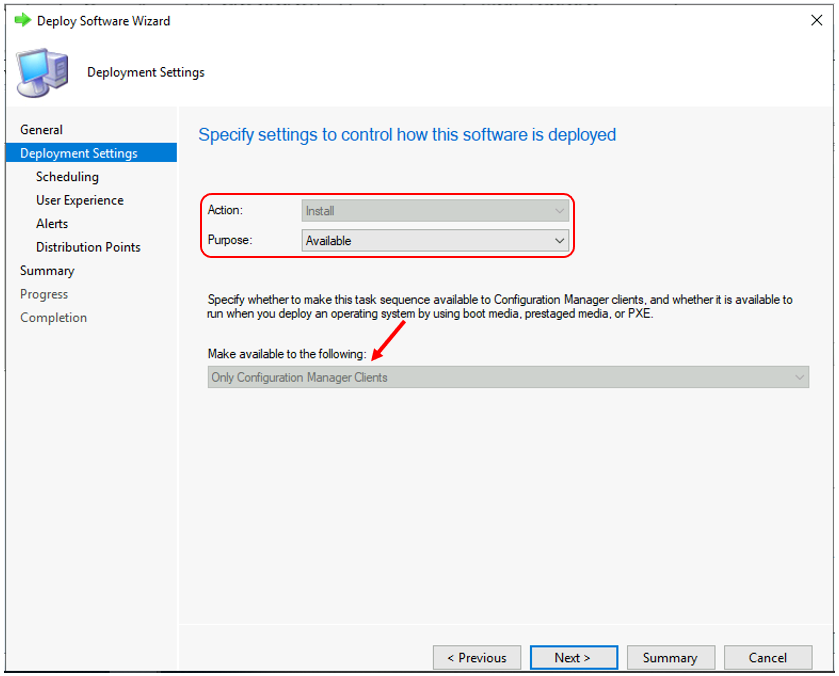 Deployment Settings - Deploy SCCM Windows 10 21H2 Upgrade Task Sequence