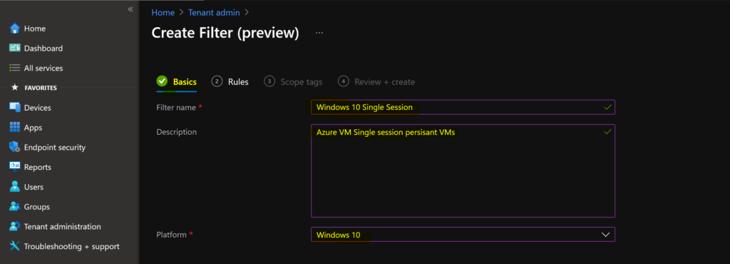 MEM Intune: Create Assignment Filters for Azure Virtual Desktop Single Session Windows 10 | AVD