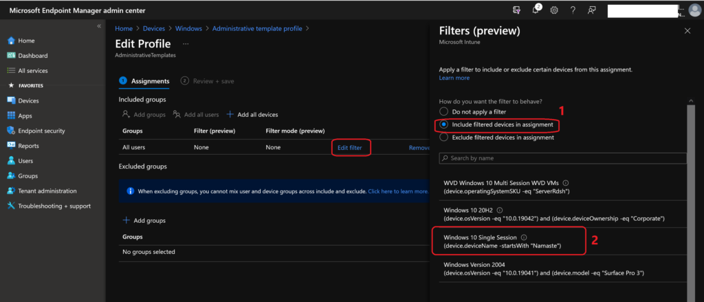 MEM Intune: Create Assignment Filters for Azure Virtual Desktop Single Session Windows 10 | AVD