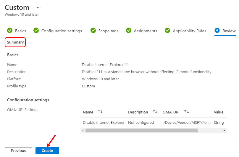 Review Configuration Settings - Disable Internet Explorer