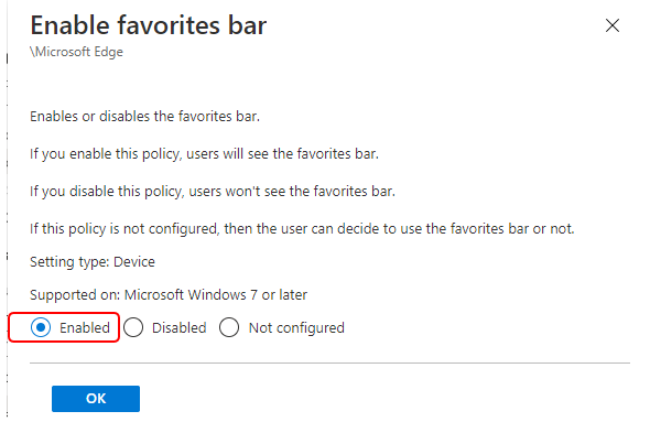 Enable Favorites Bar Intune Policy