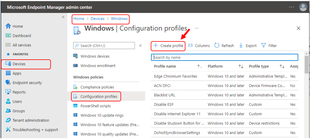 Intune Configuration Profiles - Create Profile