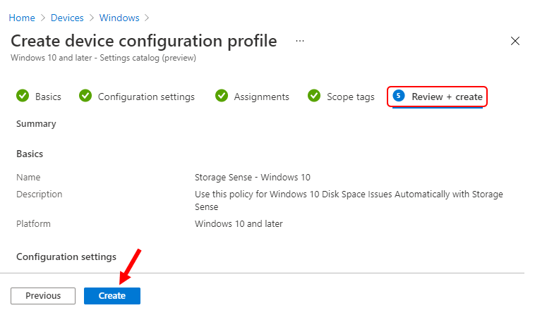 Review + Create - Device Configuration Profile