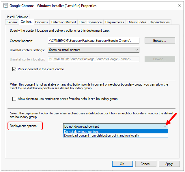 Deployment Options - Do not download content Download content from distribution point and run locally