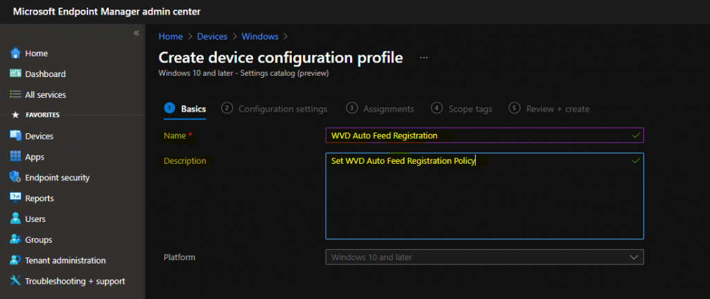 AVD Auto Feed Registration Intune Group Policy Setup Default Connection URL Options - Fig.2