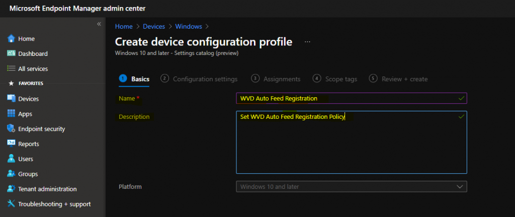 AVD Auto Feed Registration Intune Policy Setup Default Connection URL Options