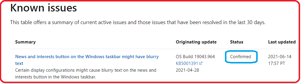 Windows 10 Known Issue: News and Interests Button on the Windows taskbar might have Blurry Text | 21H1 1