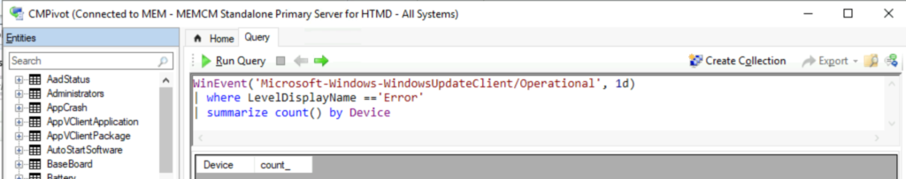 How to Collect Windows Update Logs from SCCM Client Remotely ConfigMgr CMPivot Query for Event Logs