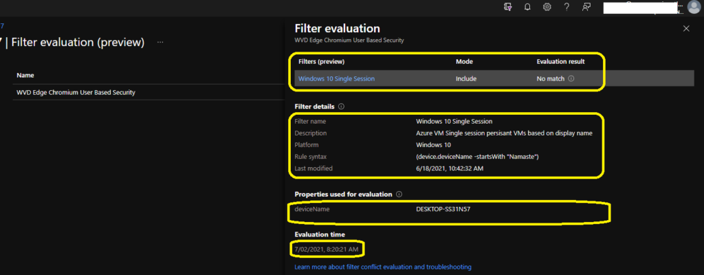 Intune Filter Evaluation Report Options available for Troubleshooting