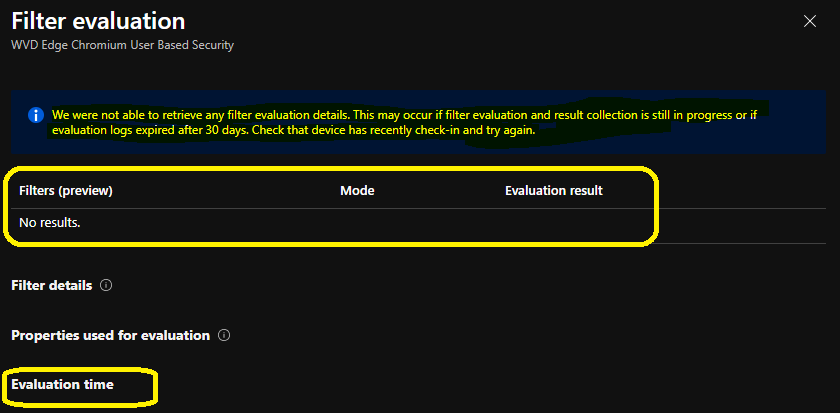 Intune Filter Evaluation Report Options available for Troubleshooting