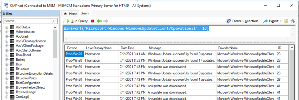 How to Collect Windows Update Logs from SCCM Client Remotely ConfigMgr CMPivot Query Event Logs