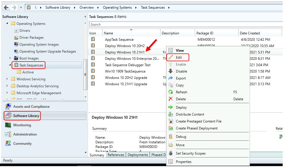 SCCM Task Sequences - Select Task Sequence > Edit 