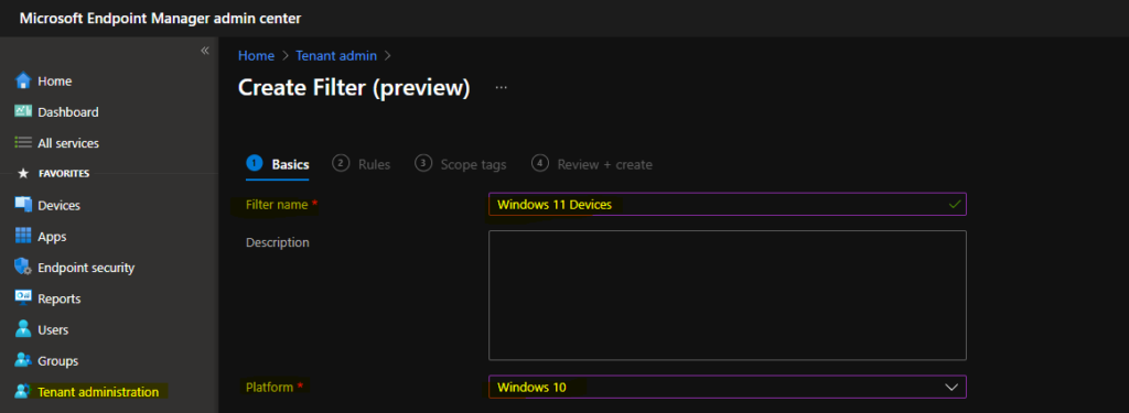 Create Windows 11 Filter Rule in Intune