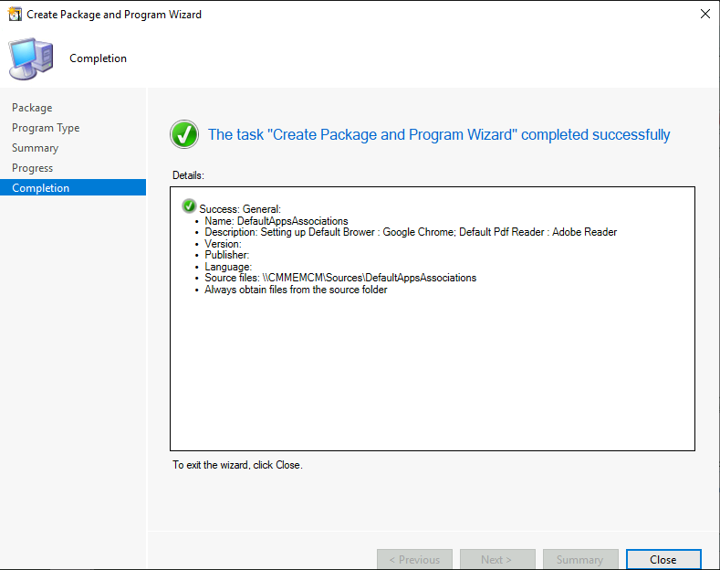 SCCM - The task Create Package and Program Wizard completed successfully 