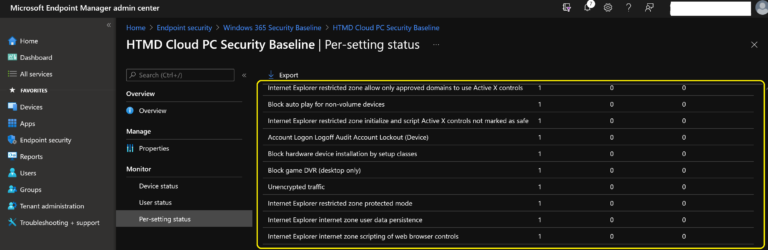 List of Security Baselines Settings for Cloud PC
