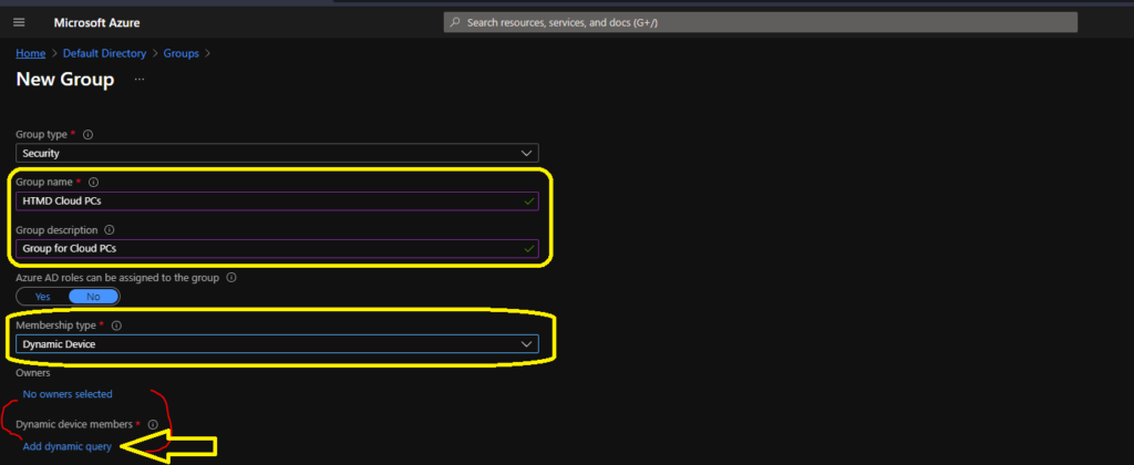 Create Cloud PC Azure AD Dynamic Device Group Options Concerns