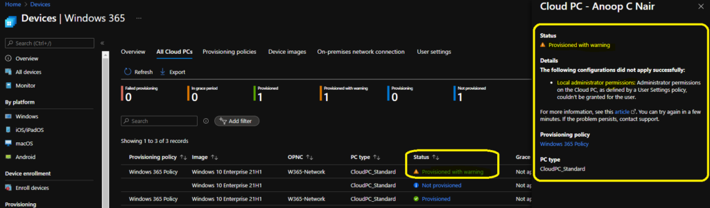 Cloud PC Provisioned with Warning Status - Fig.2