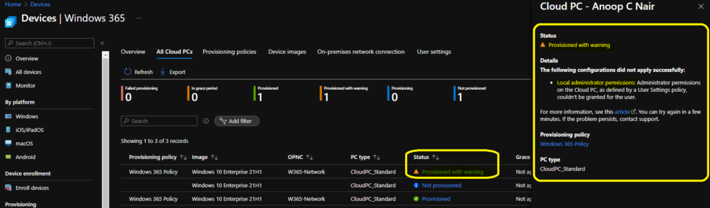 Cloud PC Provisioned with Warning Status