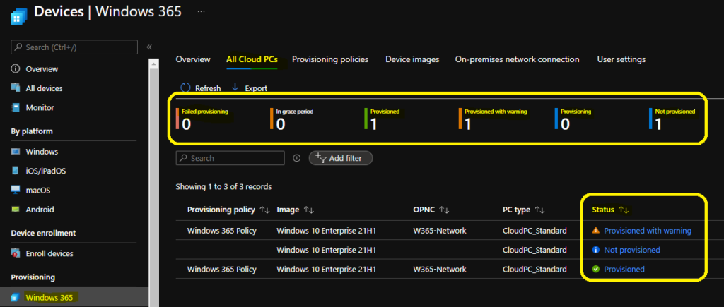 Cloud PC Provisioned with Warning Status - Fig.1