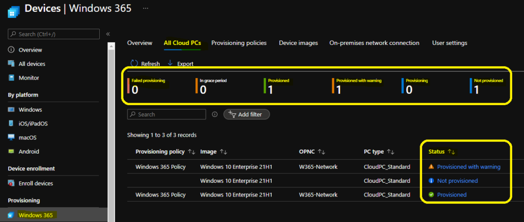 Cloud PC Provisioned with Warning Status