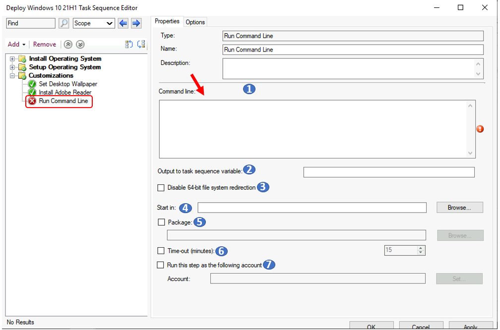 Add Run Command Line Step to SCCM Task Sequence