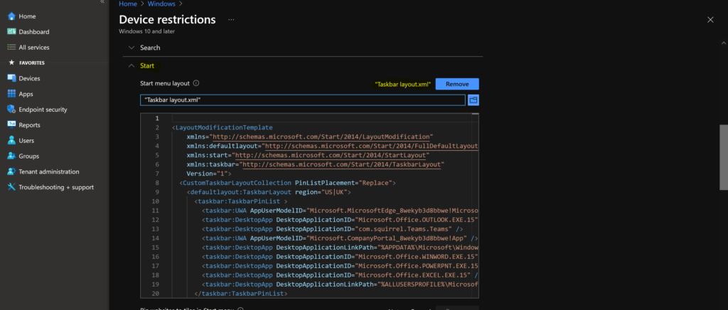 Deploy Start Menu Taskbar Custom Layout Settings using Intune Cloud PC