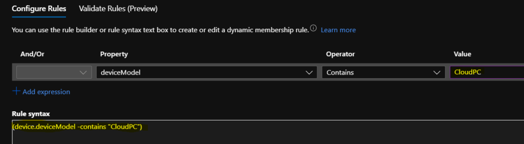 Create Cloud PC Azure AD Dynamic Device Group Options Concerns