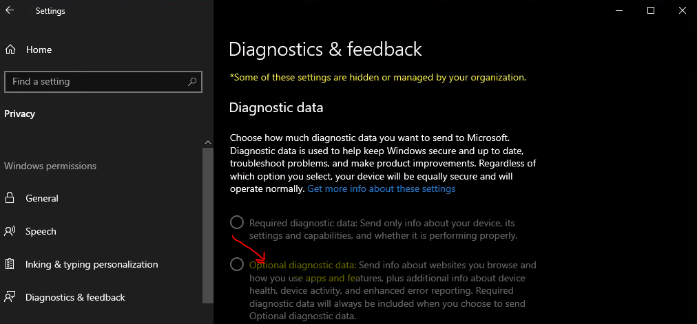 Optional diagnostic data settings