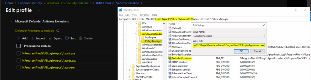 Intune Security Baseline Microsoft Defender Policy Troubleshooting Tips for Cloud PCs 3 Troubleshoot Microsoft Defender Exclude Processes Issue