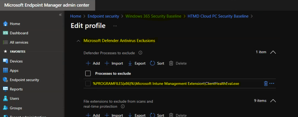 Intune Security Baseline Microsoft Defender Policy Troubleshooting Tips for Cloud PCs 4 Fix Microsoft Defender Exclude Processes Issue using Intune Security Baseline