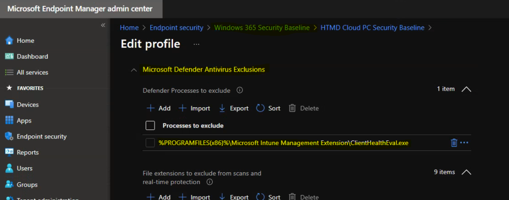 Fix Microsoft Defender Exclude Processes Issue using Intune Security Baseline